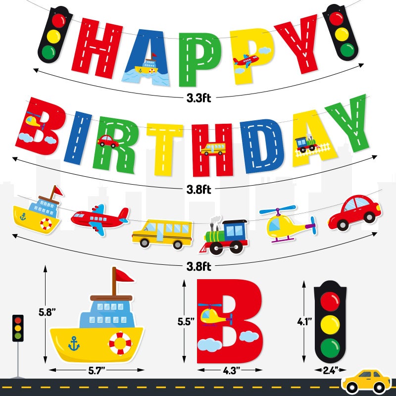 Faisichocalato Transportation Happy Birthday Banner Car Bus Train Plane Ship Helicopter Traffic Light Photo Props Garland for Kids Transportation Theme Birthday Party Decorations Baby Shower Supplies - Image 2